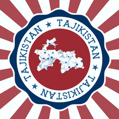 Tajikistan Badge. Round logo of country with triangular mesh map and radial rays. EPS10 Vector.