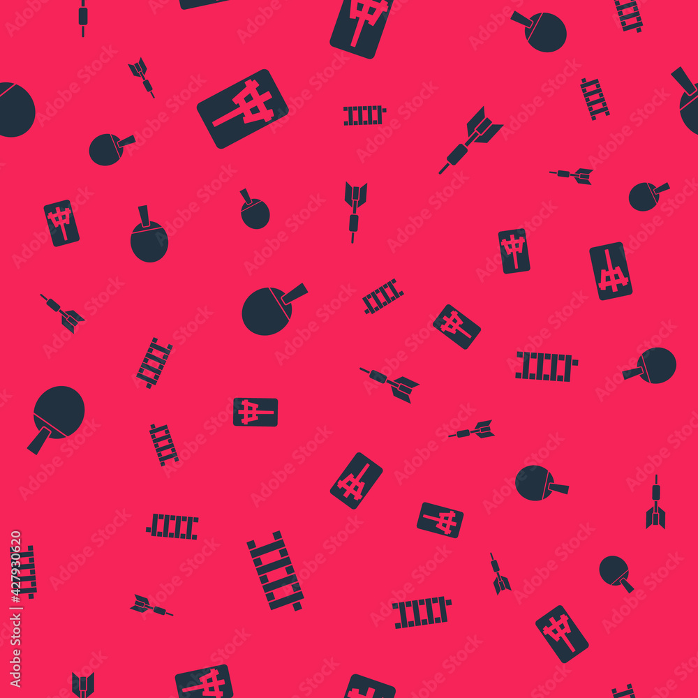 Poster set mahjong pieces, , racket and dart arrow on seamless pattern. vector