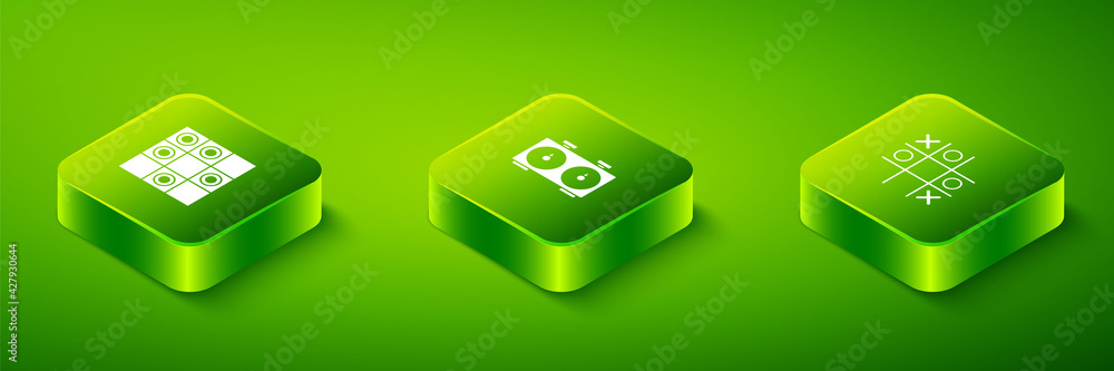 Aufkleber set isometric time chess clock, tic tac toe game and board of checkers icon. vector