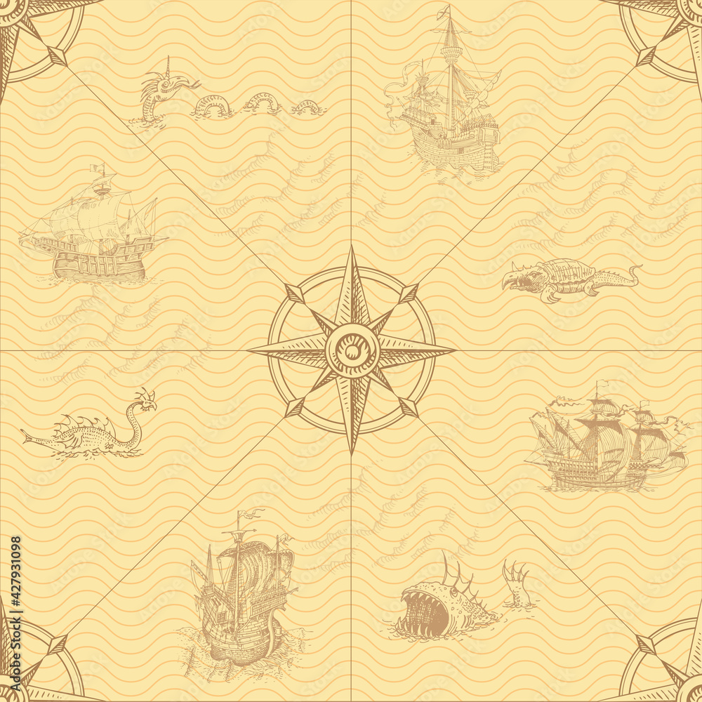 Poster vector image of seamless texture of vintage nautical map in the style of medieval engravings