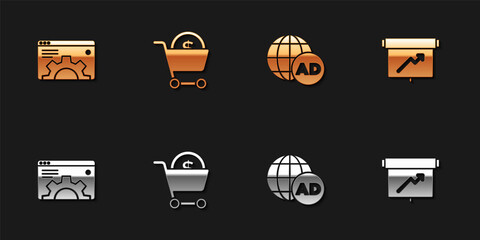 Set Browser setting, Shopping cart and dollar, Advertising and Board with graph chart icon. Vector