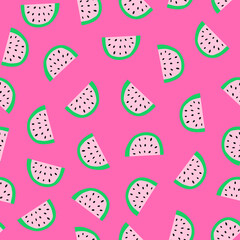 Seamless vector pattern watermelon slices on pink background. Watermelons repeating backdrop. Scandinavian style cute summer fruit surface pattern design for fabric, wallpaper, packaging, kids wear.