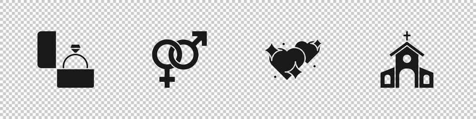 Set Diamond engagement ring, Gender, Two Linked Hearts and Church building icon. Vector