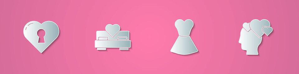 Set paper cut Heart with keyhole, Bedroom, Woman dress and Head heart icon. Paper art style. Vector