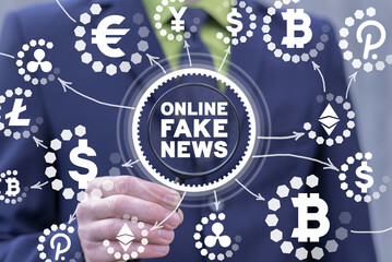 Concept of online fake news. Influence of false news on cryptocurrency trade market. Block chain, crypto currency and social media propaganda technology.