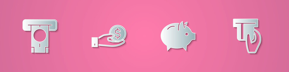 Set paper cut ATM and money, Hand giving, Piggy bank and Credit card inserted icon. Paper art style. Vector