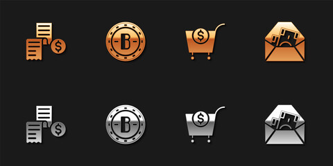 Set Paper or financial check, Bitcoin, Shopping cart and dollar and Envelope with symbol icon. Vector