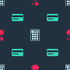 Set Piggy bank and hammer, Calculator and Credit card on seamless pattern. Vector