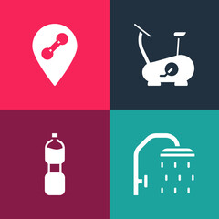 Set pop art Shower head, Bottle of water, Stationary bicycle and Location gym icon. Vector