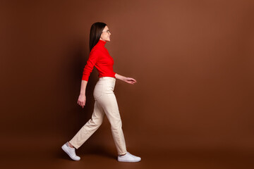 Full size profile portrait of gorgeous person walking look empty space beaming smile isolated on brown color background