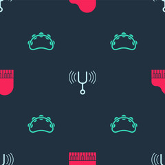 Set Grand piano, Musical tuning fork and Tambourine on seamless pattern. Vector