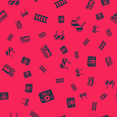 Set Fire alarm system, escape, truck and Road barrier on seamless pattern. Vector