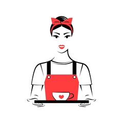 Waitress holding a tray with a cup of coffee or tea
