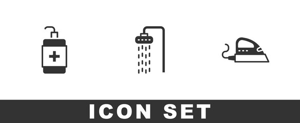Set Hand sanitizer bottle, Shower and Electric iron icon. Vector