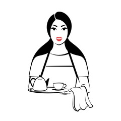 Waitress holding a tray with a cup of coffee or tea and a teapot or coffee pot