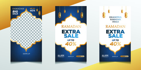 Ramadan sale stories post template banners ad. Ramadan social media post template with blank areas for images or text. Editable vector illustration.
