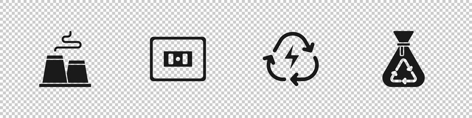 Set Factory, Electrical outlet, Battery with recycle and Garbage bag icon. Vector