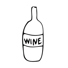 Vector doodle drink glasses bottle of wine, for kitchen, café, bar, restaurant, cups of tea, coffee, decanter for water, lemonade, juice, glasses for wine, champagne, vodka, cognac, brandy, cocktail