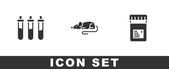 Set Reagent bottle, Experimental mouse and Jar with additives icon. Vector
