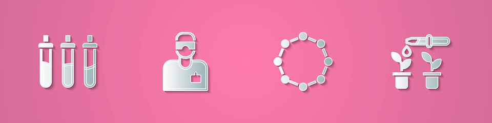 Set paper cut Reagent bottle, Laboratory assistant, Chemical formula and Pipette and plant icon. Paper art style. Vector