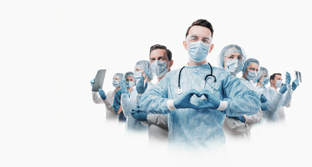 medical workers heroes. a nurse in the foreground in a mask and uniform holds her hands in the shape of a heart. go to a lot of medical professionals.