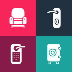 Set pop art Safe, Digital door lock, Door handle and Armchair icon. Vector