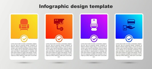 Set Armchair, Security camera, Toilet bowl and Digital door lock. Business infographic template. Vector