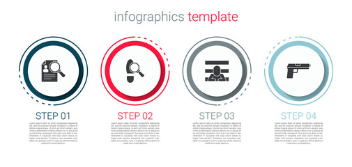 Set Paper analysis magnifying, Footsteps, Prisoner and Pistol or gun. Business infographic template. Vector
