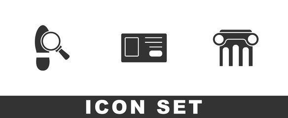 Set Footsteps, Identification badge and Law pillar icon. Vector