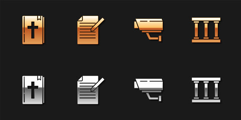 Set Holy bible book, Document and pen, Security camera and Prison window icon. Vector