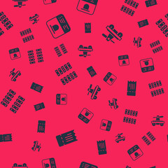 Set Train ticket, Ticket office to buy tickets, Railway, railroad track and Draisine or handcar on seamless pattern. Vector