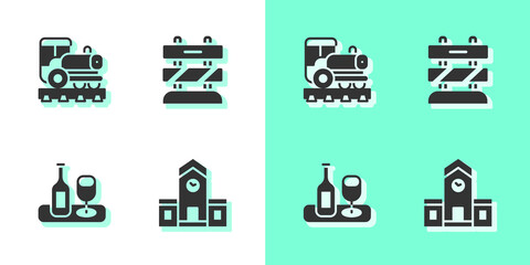 Set Railway station, Vintage locomotive, Wine bottle with glass and End of railway tracks icon. Vector
