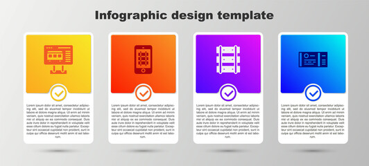 Set Ticket office to buy tickets, Buy train online, Railway, railroad track and Train. Business infographic template. Vector