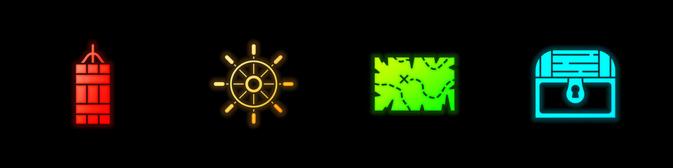 Fototapeta premium Set Dynamite bomb, Ship steering wheel, Pirate treasure map and Antique chest icon. Vector