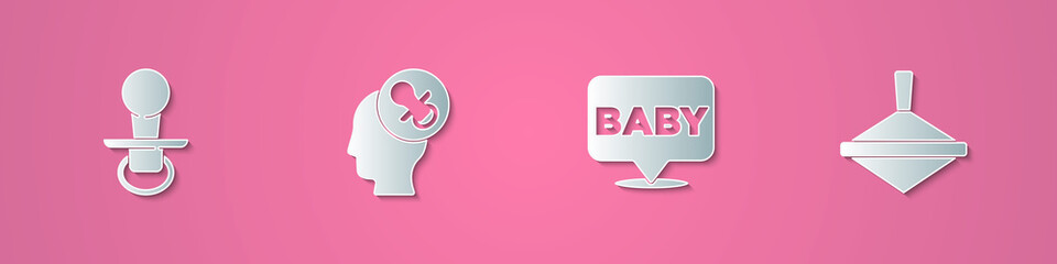 Set paper cut Baby dummy pacifier, , and Whirligig toy icon. Paper art style. Vector