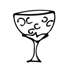 Vector doodle drink glass of wine, for kitchen, café, bar, restaurant, cups of tea, coffee, decanter for water, lemonade, juice, glasses for wine, champagne, vodka, cognac, brandy, cocktail