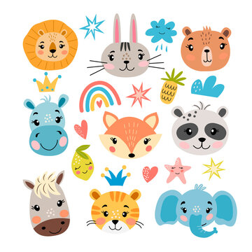 Set of cute cartoon faces of animals, fruits, rainbows, clouds in vector graphics, on a white background. For the design of posters, notebook covers, prints for t-shirts, mugs