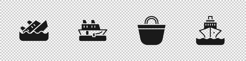 Set Sinking cruise ship, Cruise, Beach bag and icon. Vector