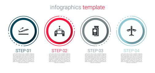 Set Plane takeoff, Drone remote control, Passport with ticket and . Business infographic template. Vector