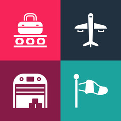 Set pop art Cone meteorology windsock, Aircraft hangar, Plane and Conveyor belt with suitcase icon. Vector