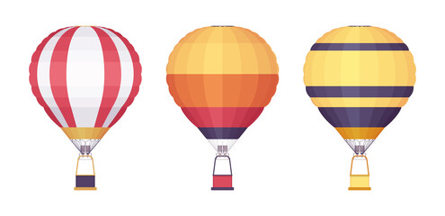 Air balloon bright set, bag aircraft flight to enjoy flying. Floating ballooning adventure for romantic ride, nature discovery. Vector flat style cartoon illustration isolated on white background