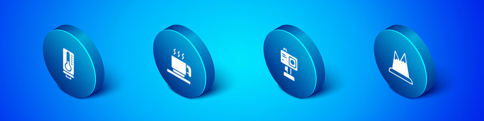 Set Isometric Meteorology thermometer, Action camera, Mountains and Hot chocolate cup icon. Vector