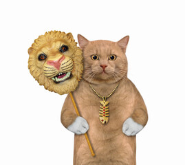 A reddish cat holds lion carnival mask. White background. Isolated.