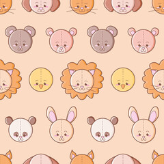 Kawaii plush animals seamless vector pattern. Cute toy fauna head illustration background.