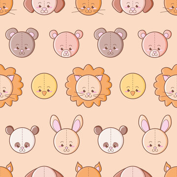Kawaii plush animals seamless vector pattern. Cute toy fauna head illustration background.