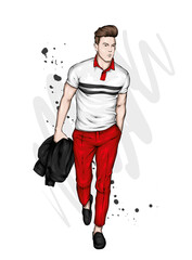 Handsome guy in stylish clothes. Fashion and style, clothing and accessories. - 427942468