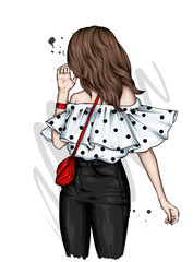 Beautiful girl in a stylish top and jeans. Vector illustration. Fashion and style, clothing and accessories. - 427942825