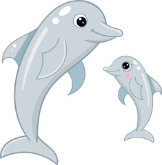 Cute dolphin mother and child cartoon characters. Vector underwater fish childish illustration.