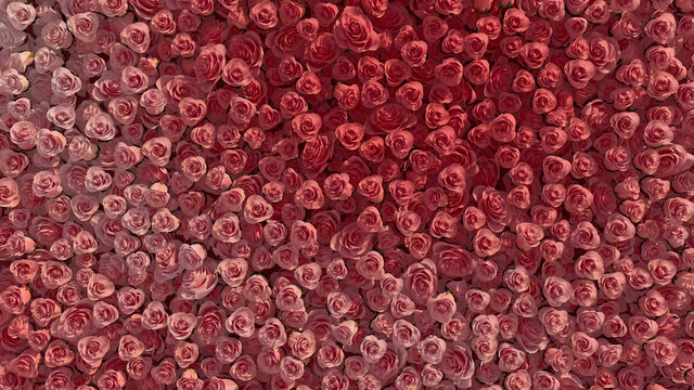 Pink, Romantic Wall background with Roses. Elegant, Floral Wallpaper with Colorful, Bright flowers. 3D Render