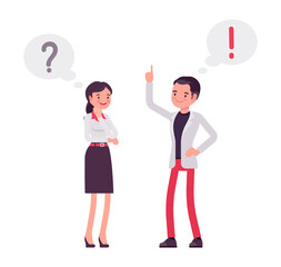 Smart businessman, businesswoman chatting, exclamation, question mark bubble. Office worker professional look, casual attire. Vector flat style cartoon illustration isolated, white background
